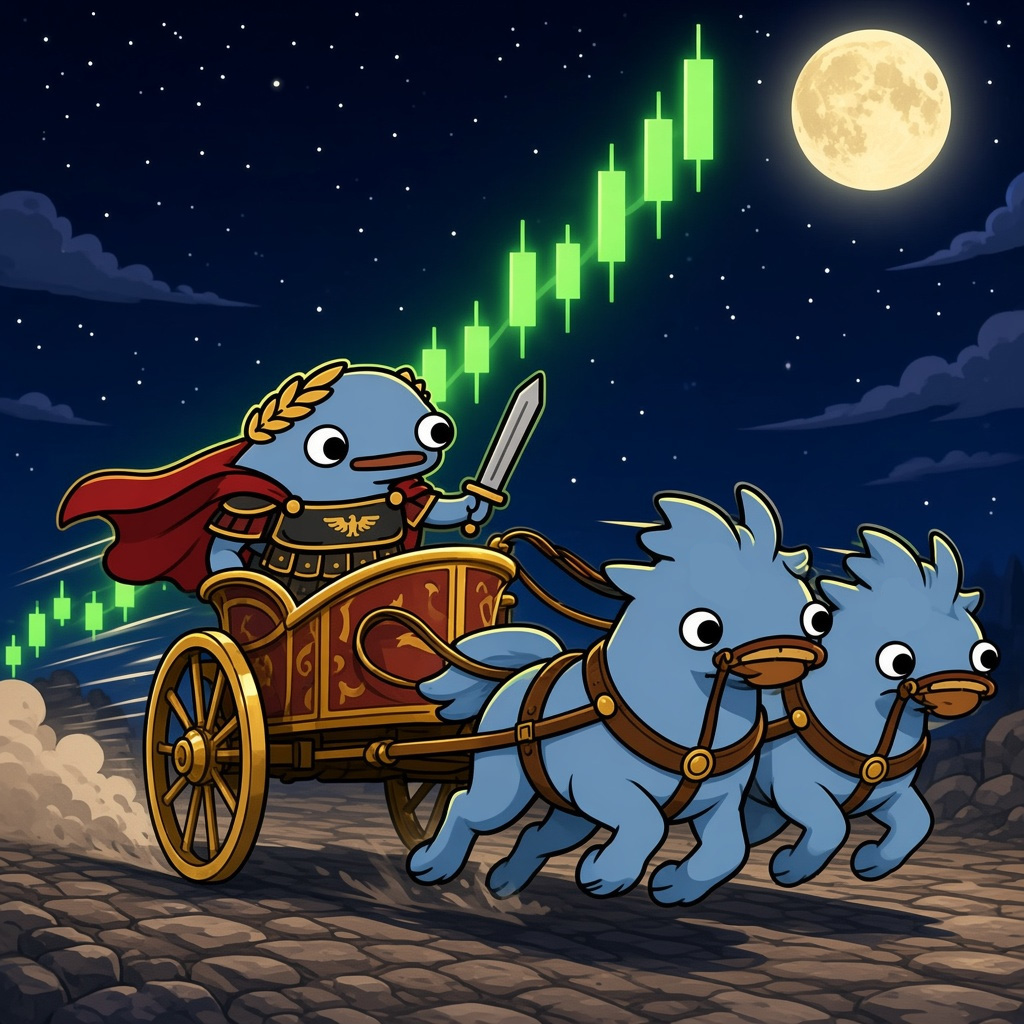 Frongus Maximus riding a golden chariot toward a green candle