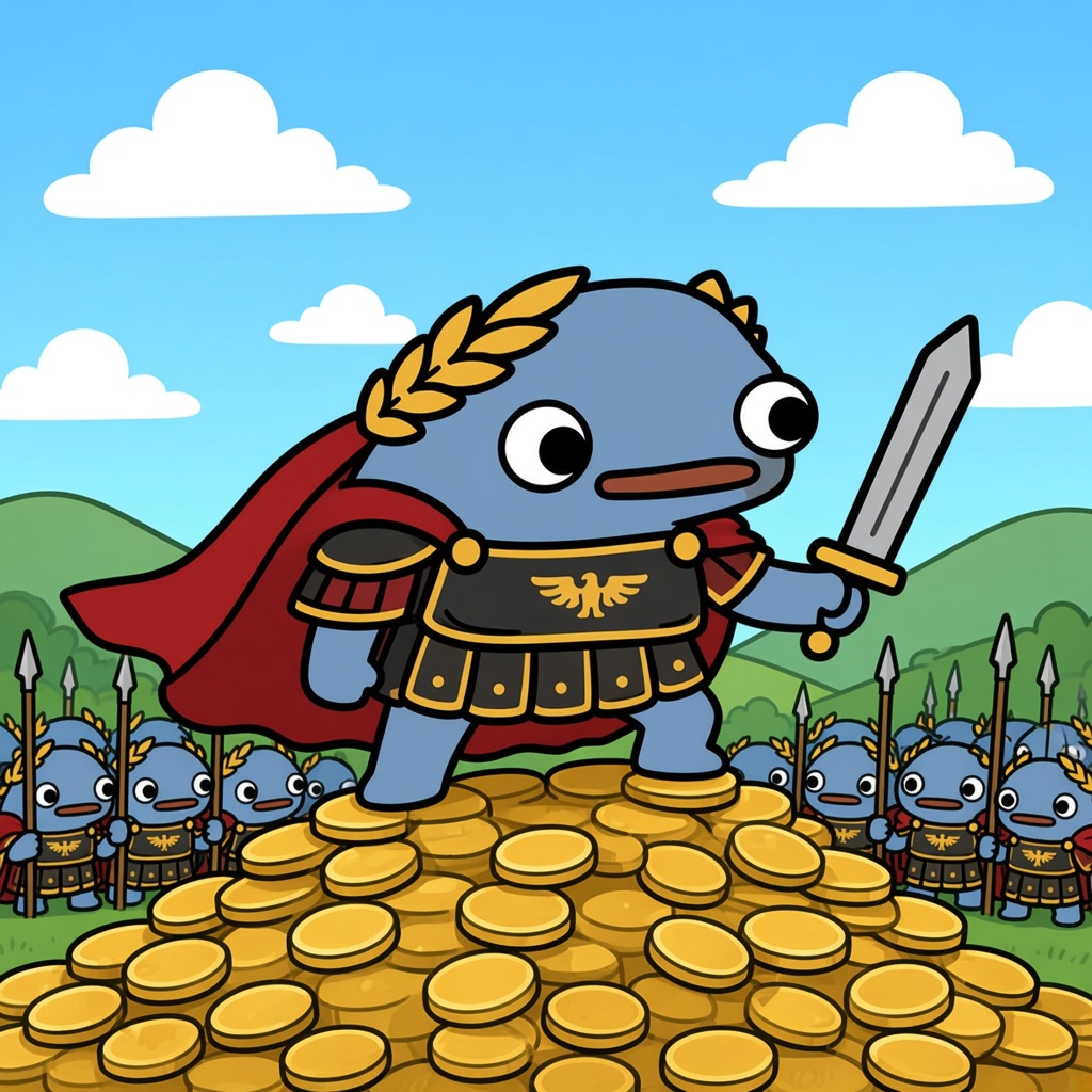 Frongus Maximus conquering a mountain of gold coins with a frog legion