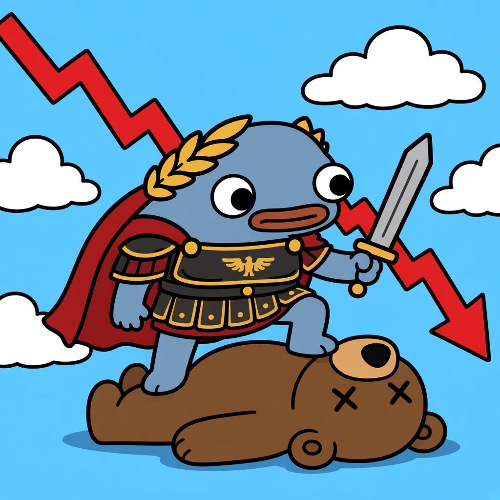 Frongus Maximus defeating the bear market bear with his gladius