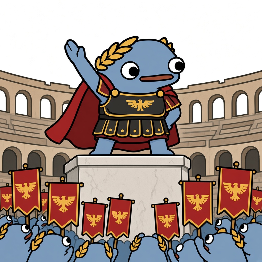Frongus Maximus addressing a crowd of frogs in a Roman arena